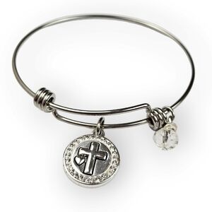 Christian Charm Bangle Bracelet Rhinestone Cross Faith Hope Love Silver Tone
